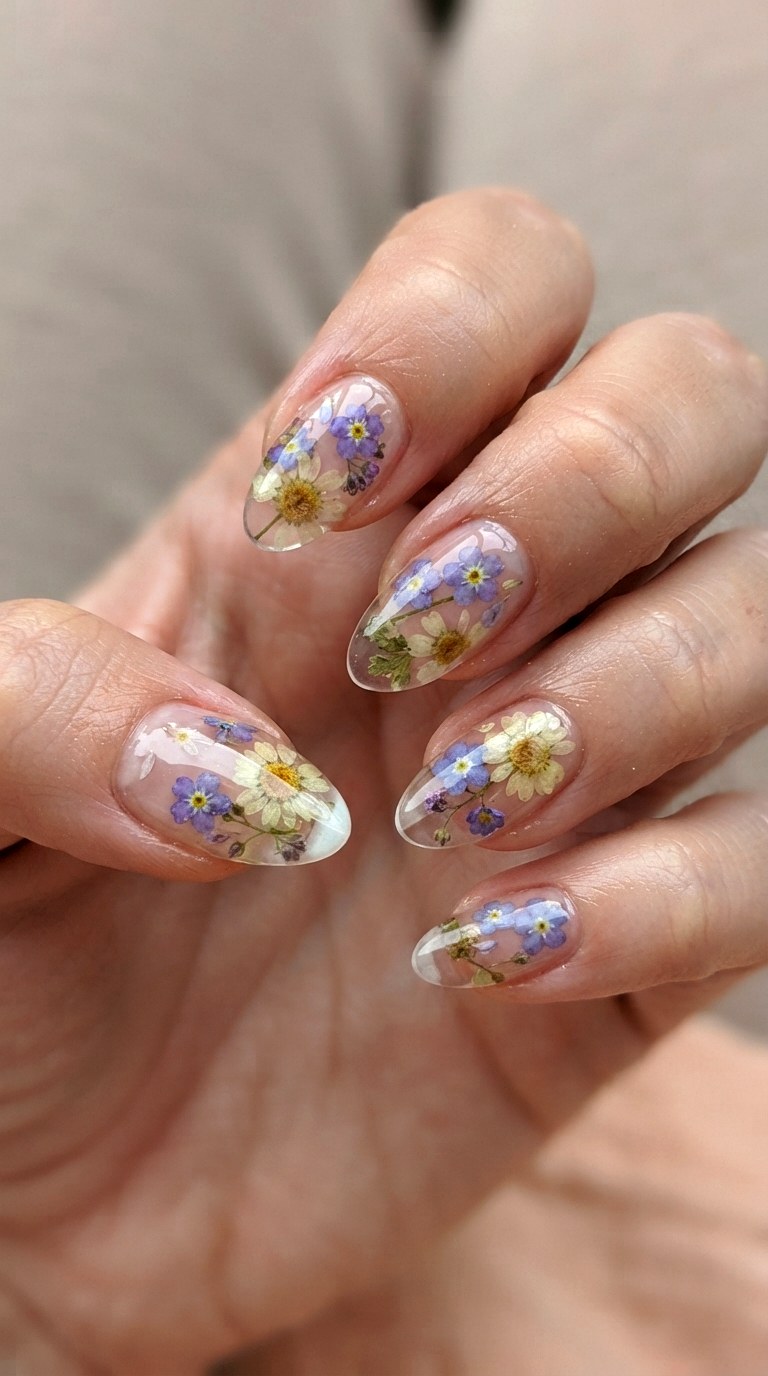 Dried Flower Embedded Clear Nails - 22 teen back to school nail art designs