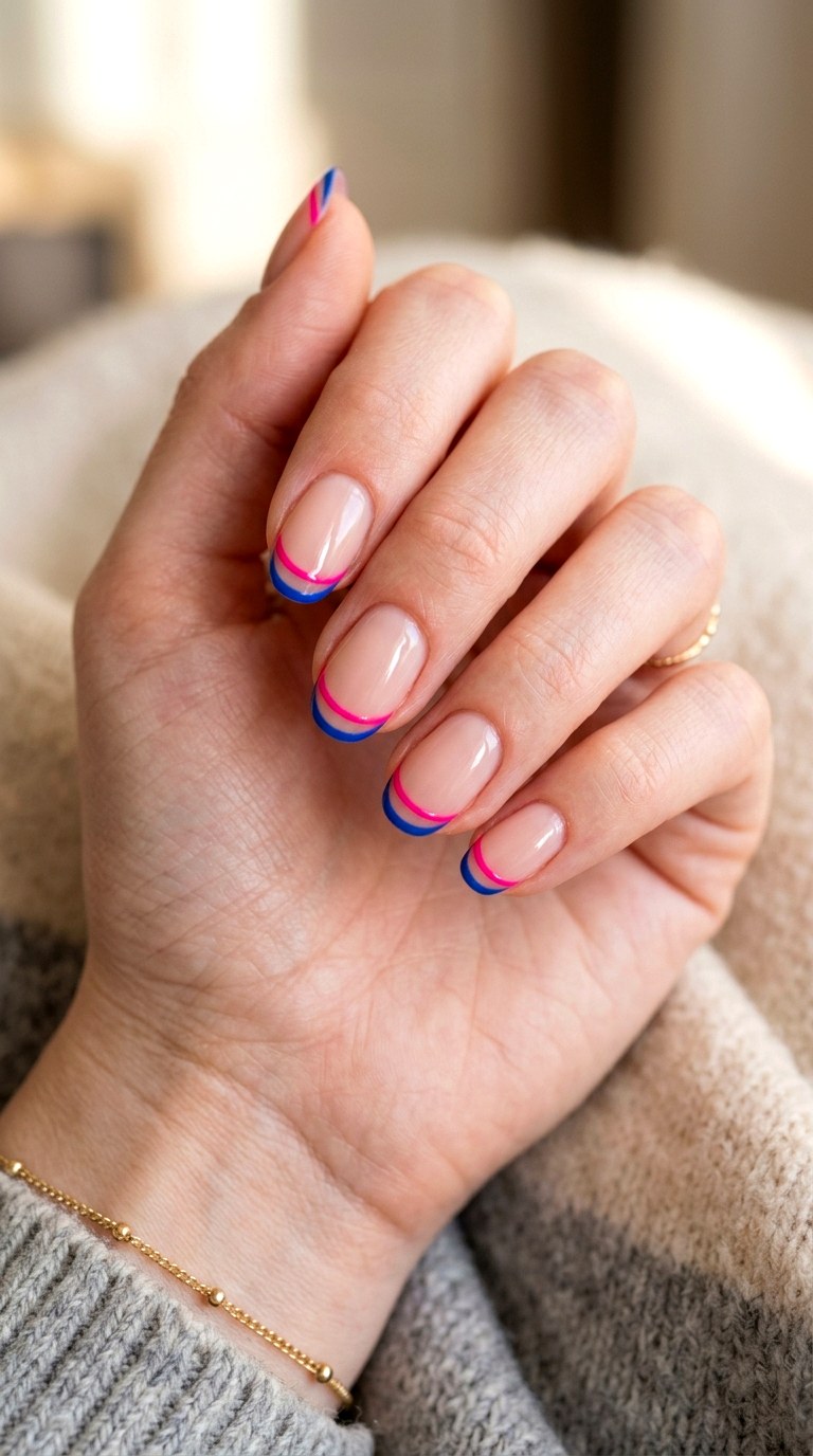 Dual French Line Pink and Blue Nails - 23 pink and blue french tip nails