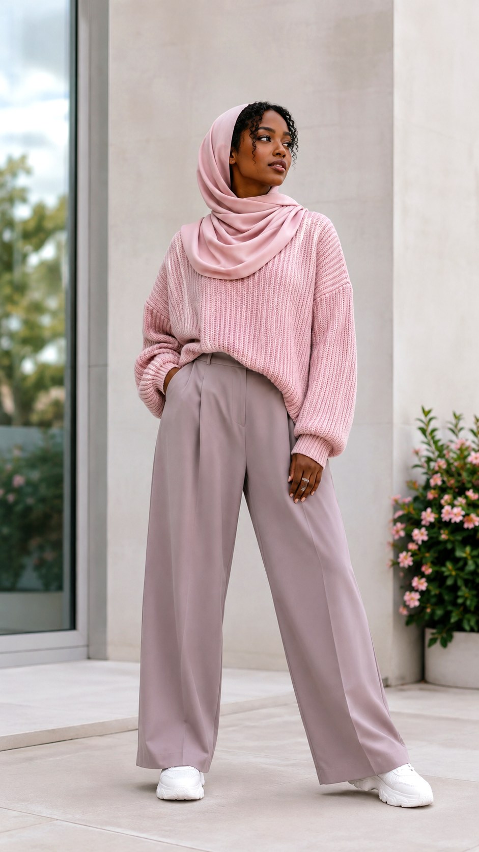 Dusty Pink Knit Sweater Hijab Look - 23 baby pink outfit hijab ideas