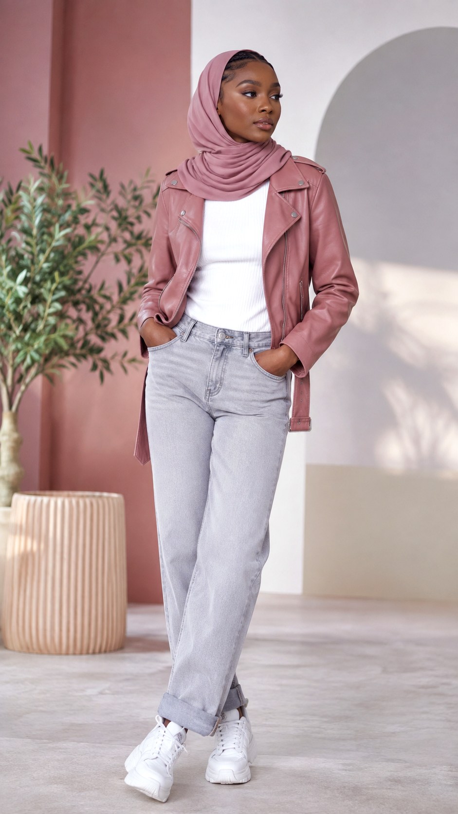 Dusty Pink Leather Jacket Hijab Style - 23 baby pink outfit hijab ideas