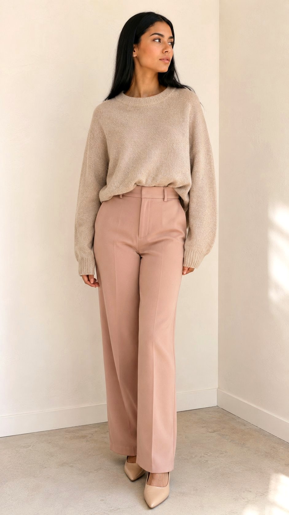Dusty Pink and Beige Tonal Trousers - 23 pink color combination outfit ideas