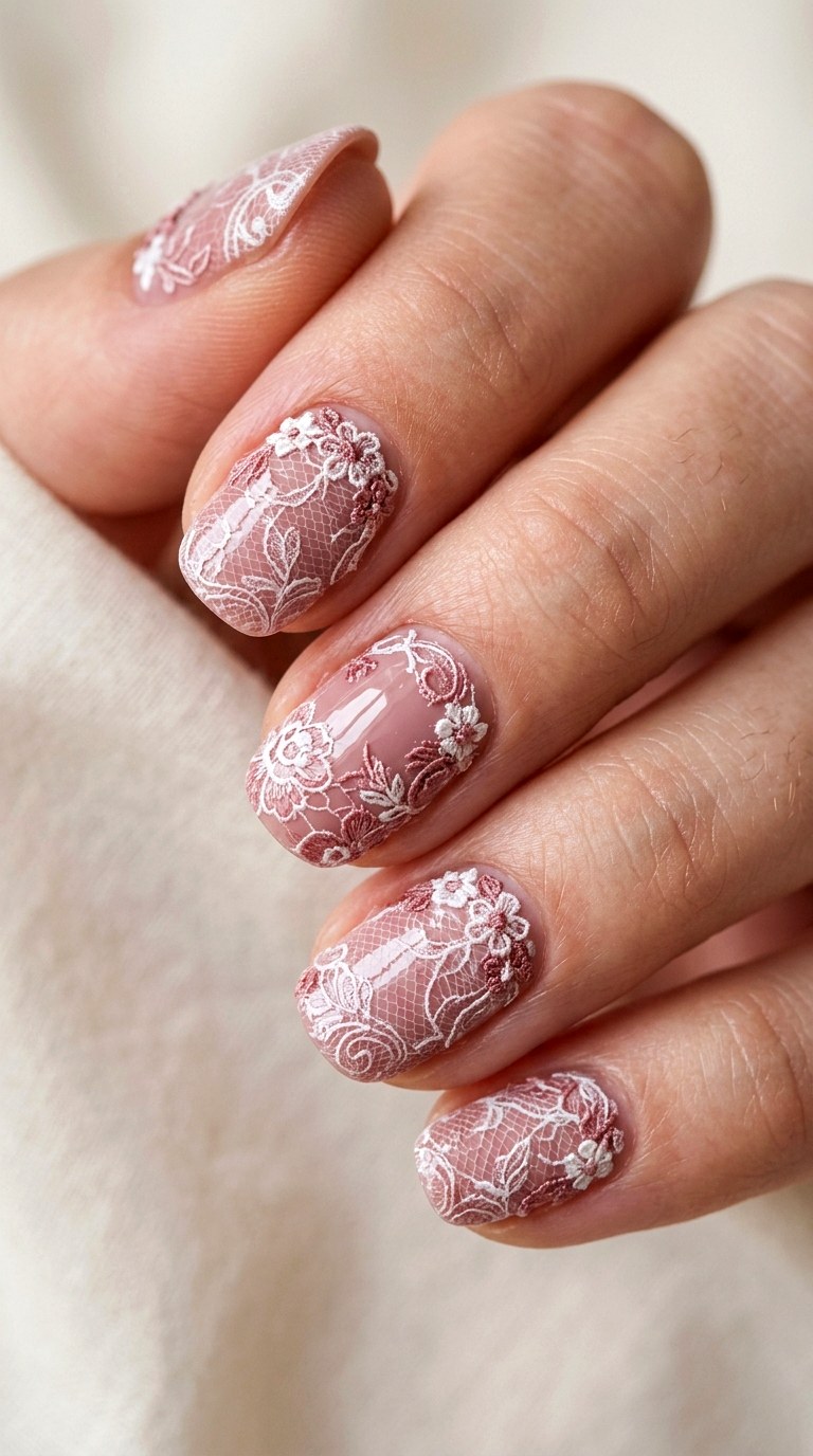 Dusty Rose Lace Overlay - 22 lace nail art ideas