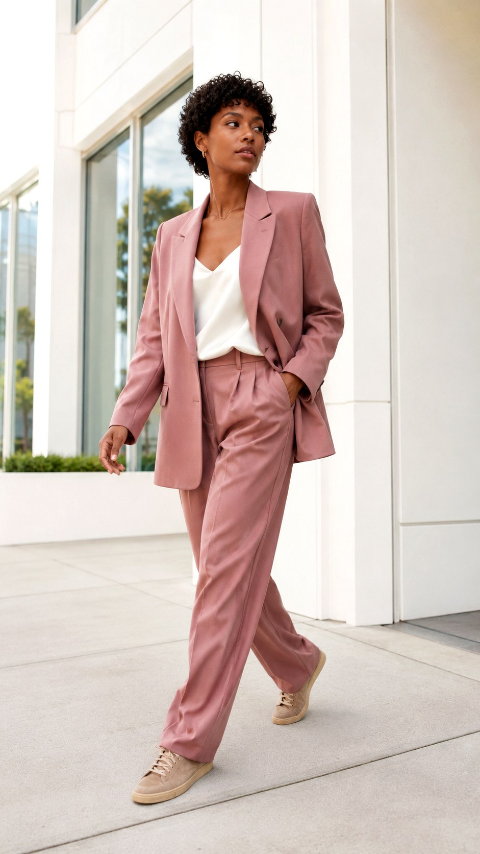 Dusty Rose Tailoring with Sneakers - 25 baggy suit outfit ideas