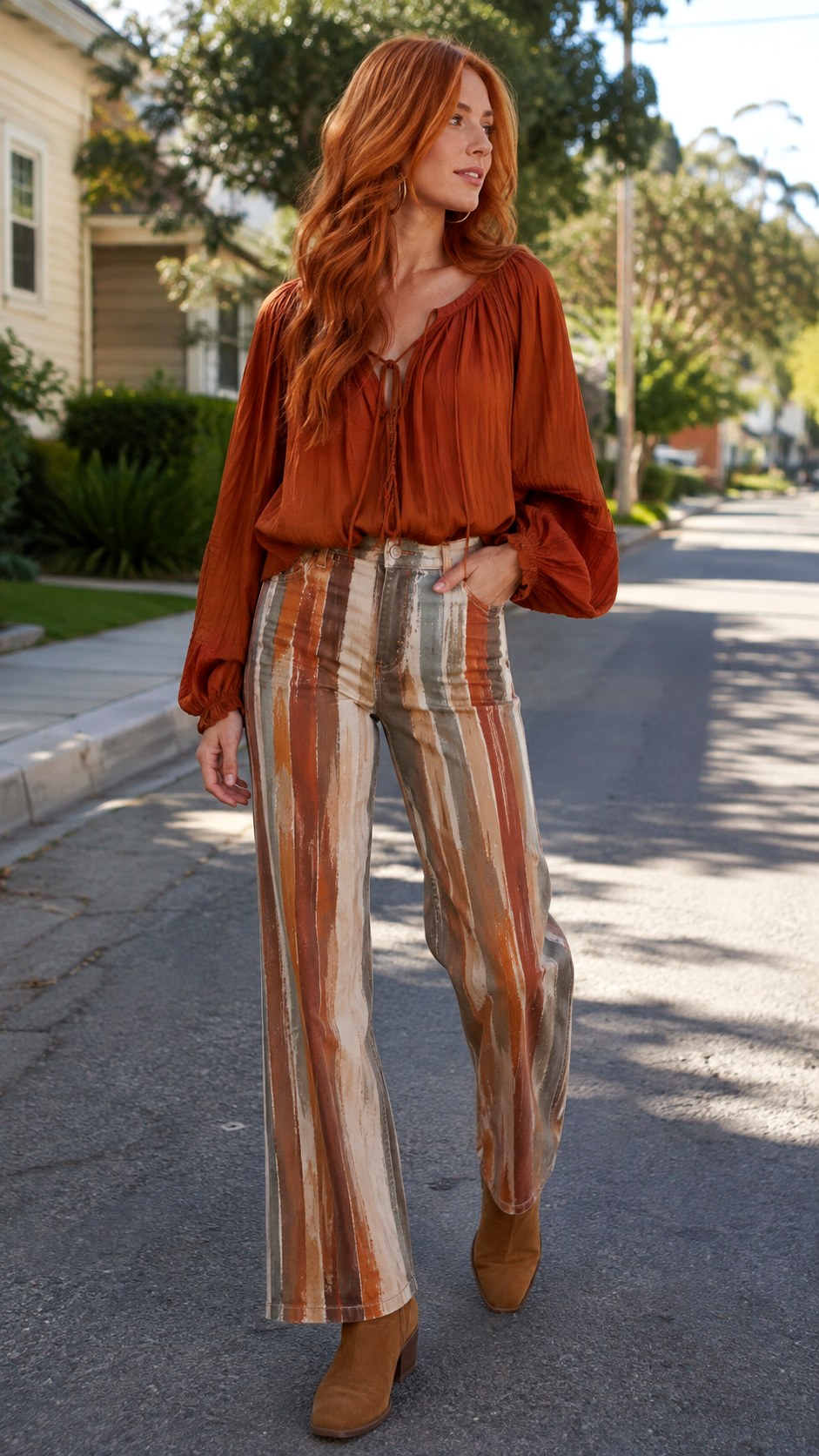 Earth Tone Striped Painted Jean Outfit Ideas - 23 painted jean outfit ideas