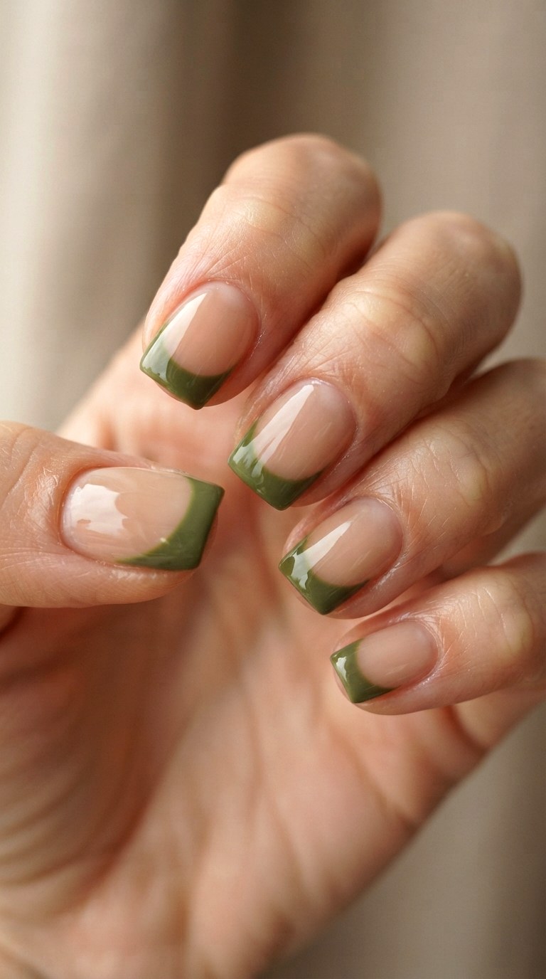 Earthy Olive Green French Tips - 24 thick french tip nail art designs