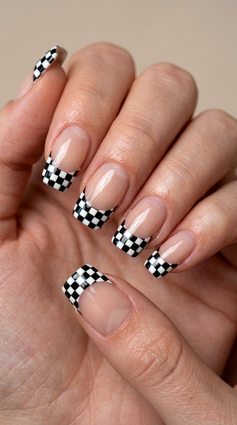 Edgy Checkerboard French Tip Design - 23 back to school nail art ideas