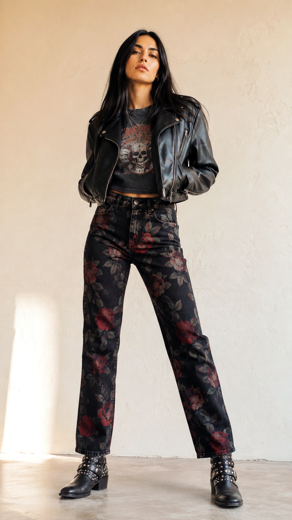 Edgy Leather Jacket and Flower Jeans - 21 flower jeans outifit ideas