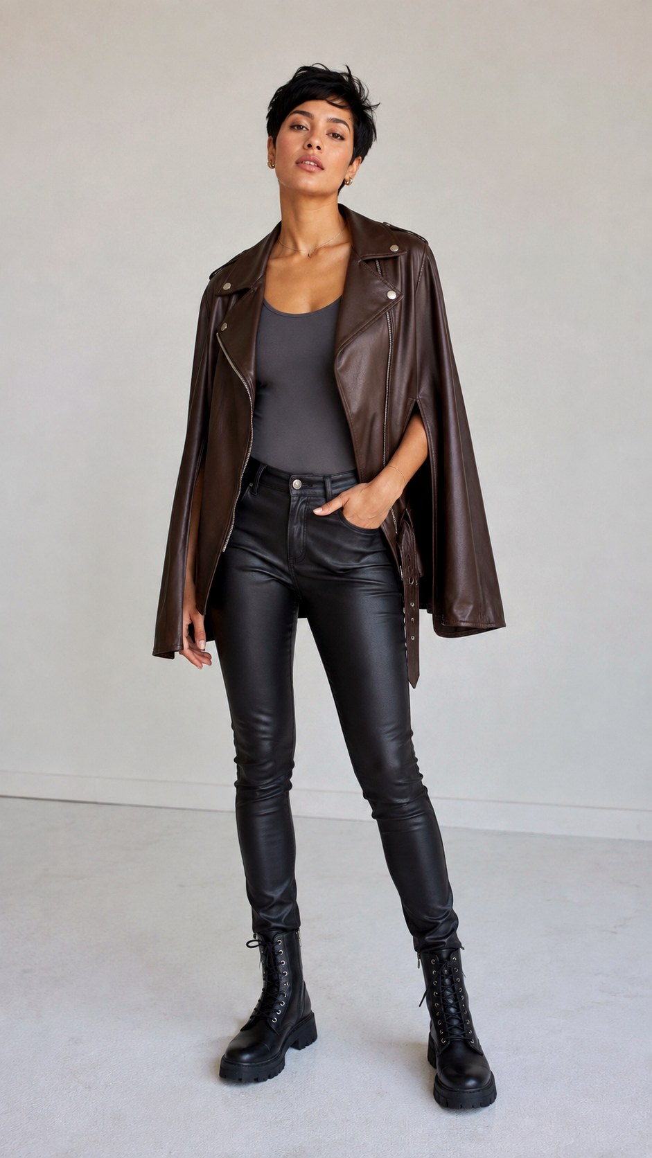 Edgy Moto Faux Leather Cape Outfit Ideas - 24 pleated trouser outfit ideas