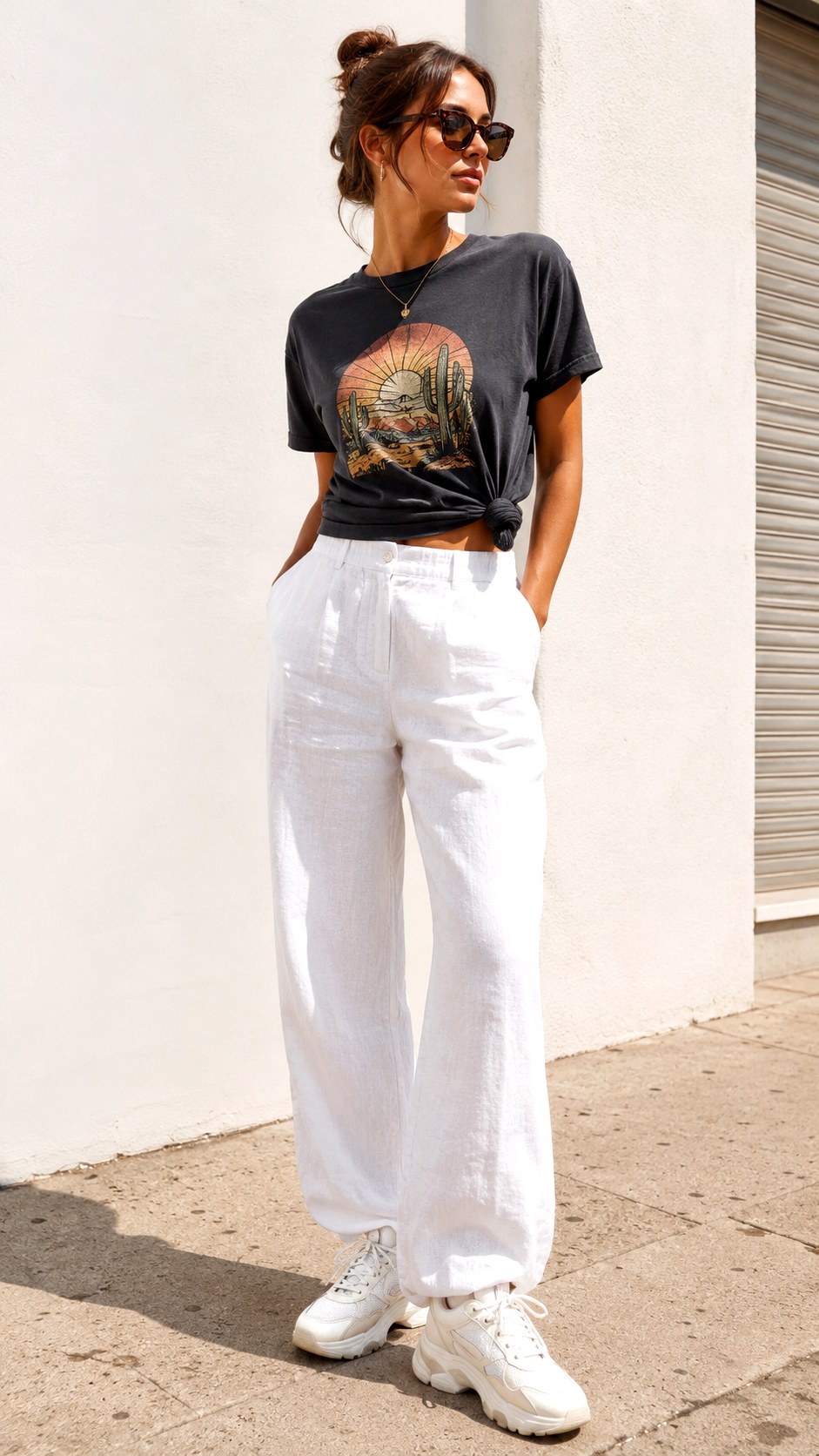 Effortless Graphic Tee And Linen Pants - 24 White Linen Pants Outfit Ideas