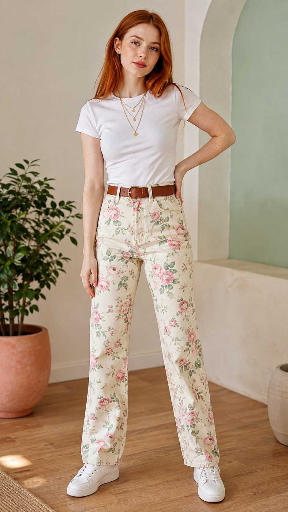 Effortless White Tee and Flower Jeans - 21 flower jeans outifit ideas