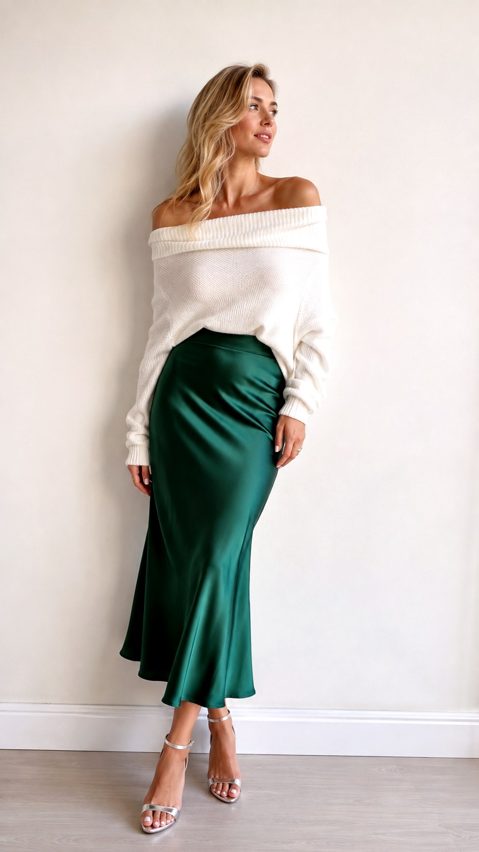 Elegant White Off Shoulder Sweater Evening Look - 24 white off shoulder sweater outfit ideas