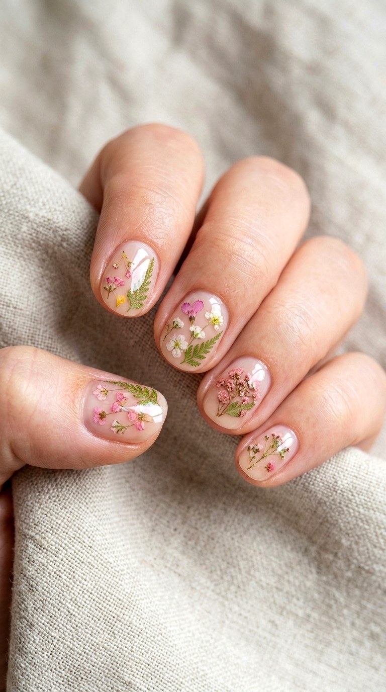 Embedded Dried Floral Pressed Nail Art - 24 Summer Nail Design Inspo