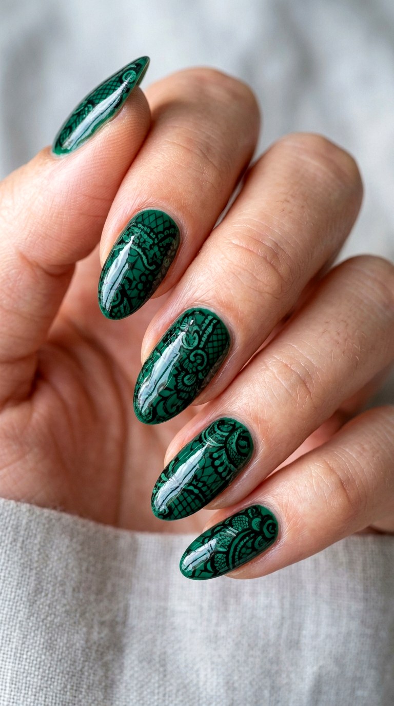 Emerald Green Lace Design - 22 lace nail art ideas