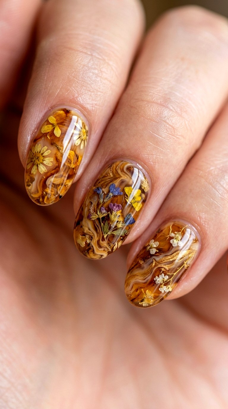 Encapsulated Floral Amber Marble - 22 Glossy Amber Marble Nails