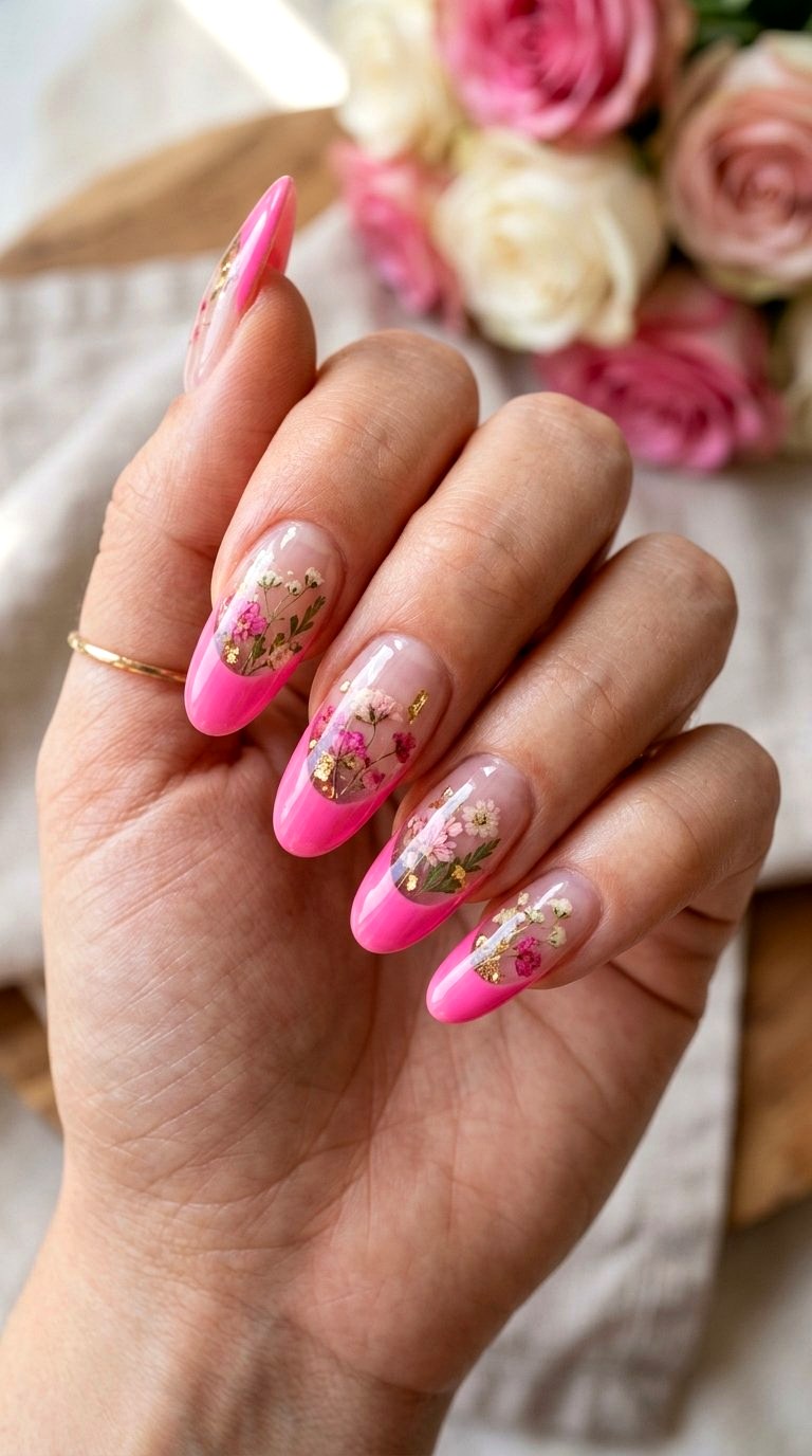 Encapsulated Floral Bright Pink French Tip Nails - 21 bright pink french tip nails