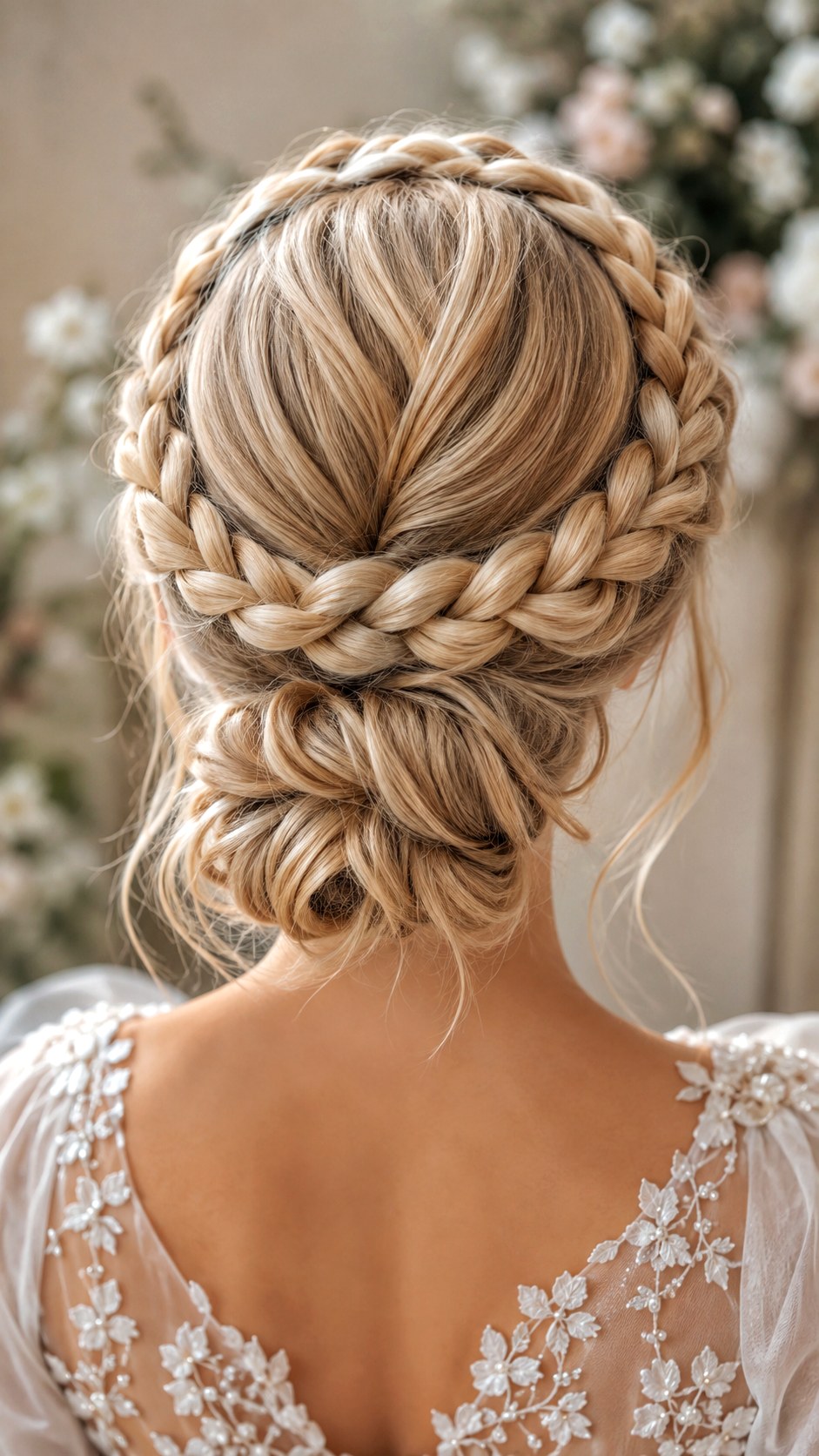 Ethereal Halo Braid into Low Bun Updo - 25 low bun hairstyles wedding ideas