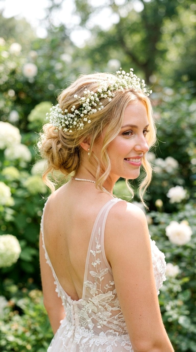 Ethereal Low Bun with Babys Breath - 20 low bun hairstyles ideas