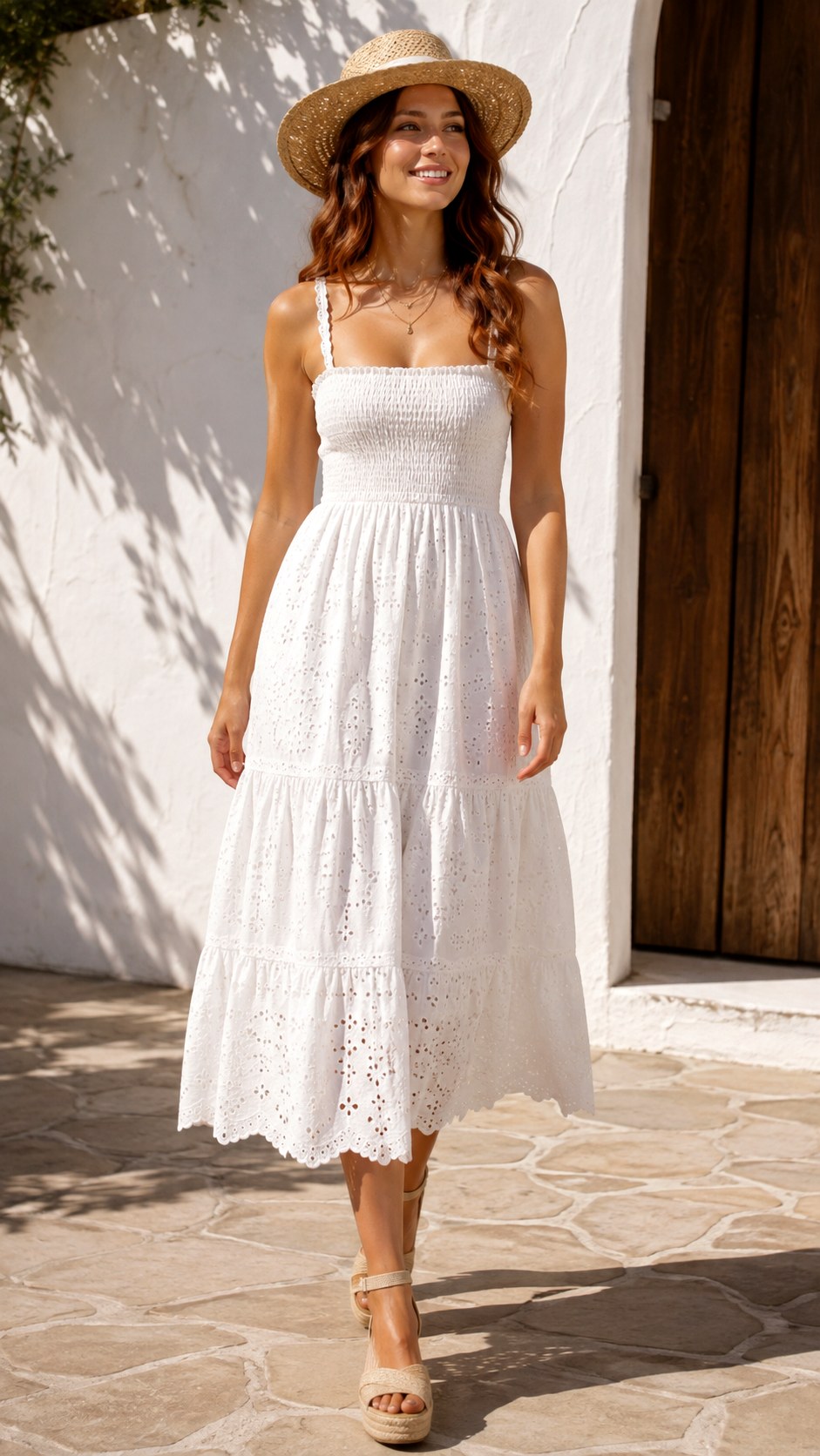 Eyelet White Summer Dress With Espadrilles - 22 white summer dress outfit ideas