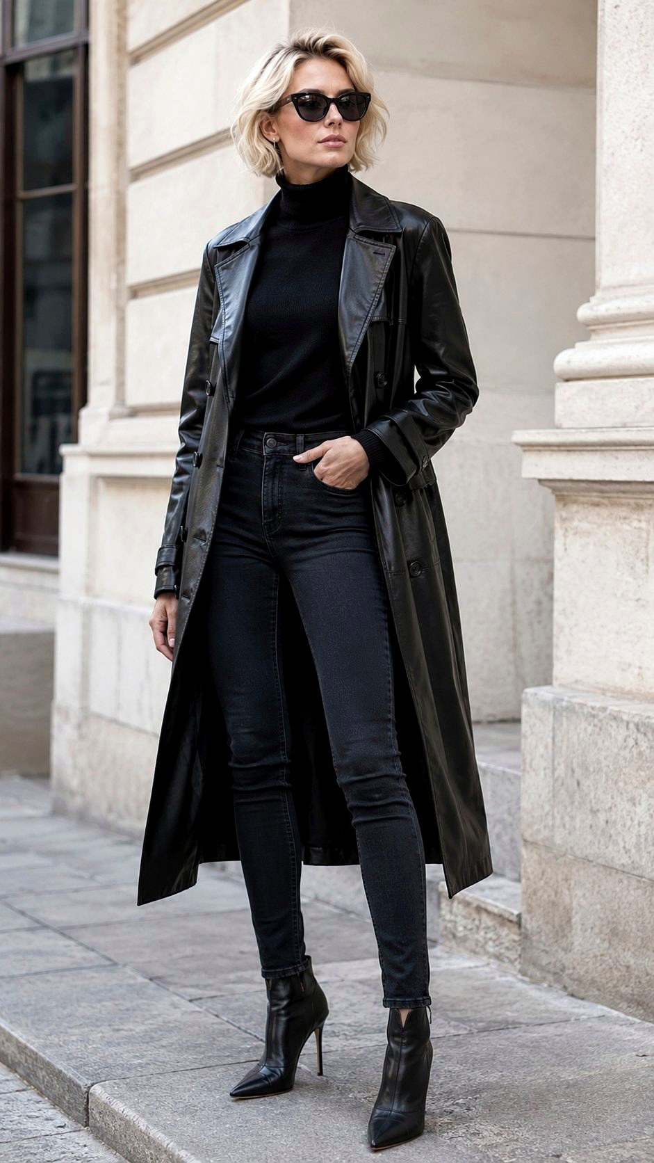 Faux Leather Trench With Turtleneck - 23 italian street style women outfit ideas