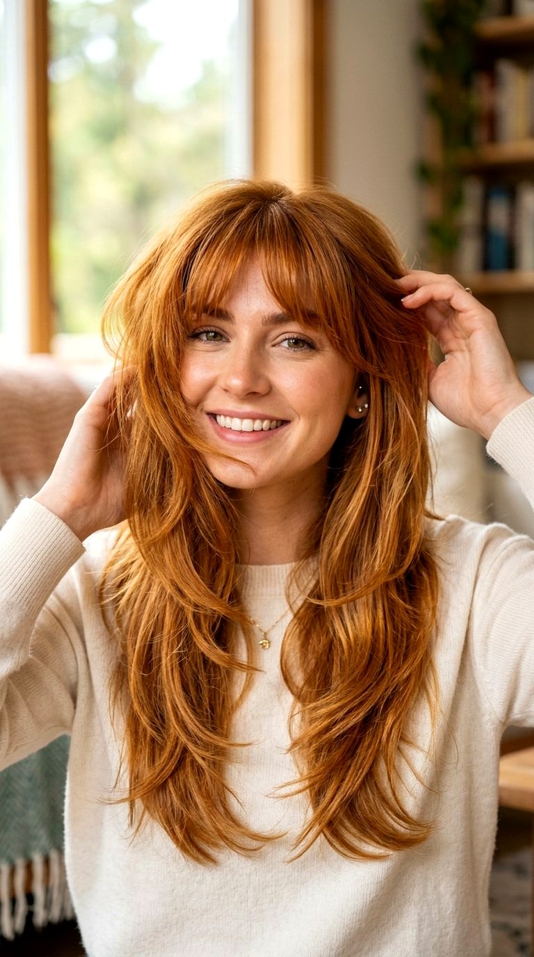 Feathered Copper Bangs and Long Layers - 21 curtain bangs copper ideas
