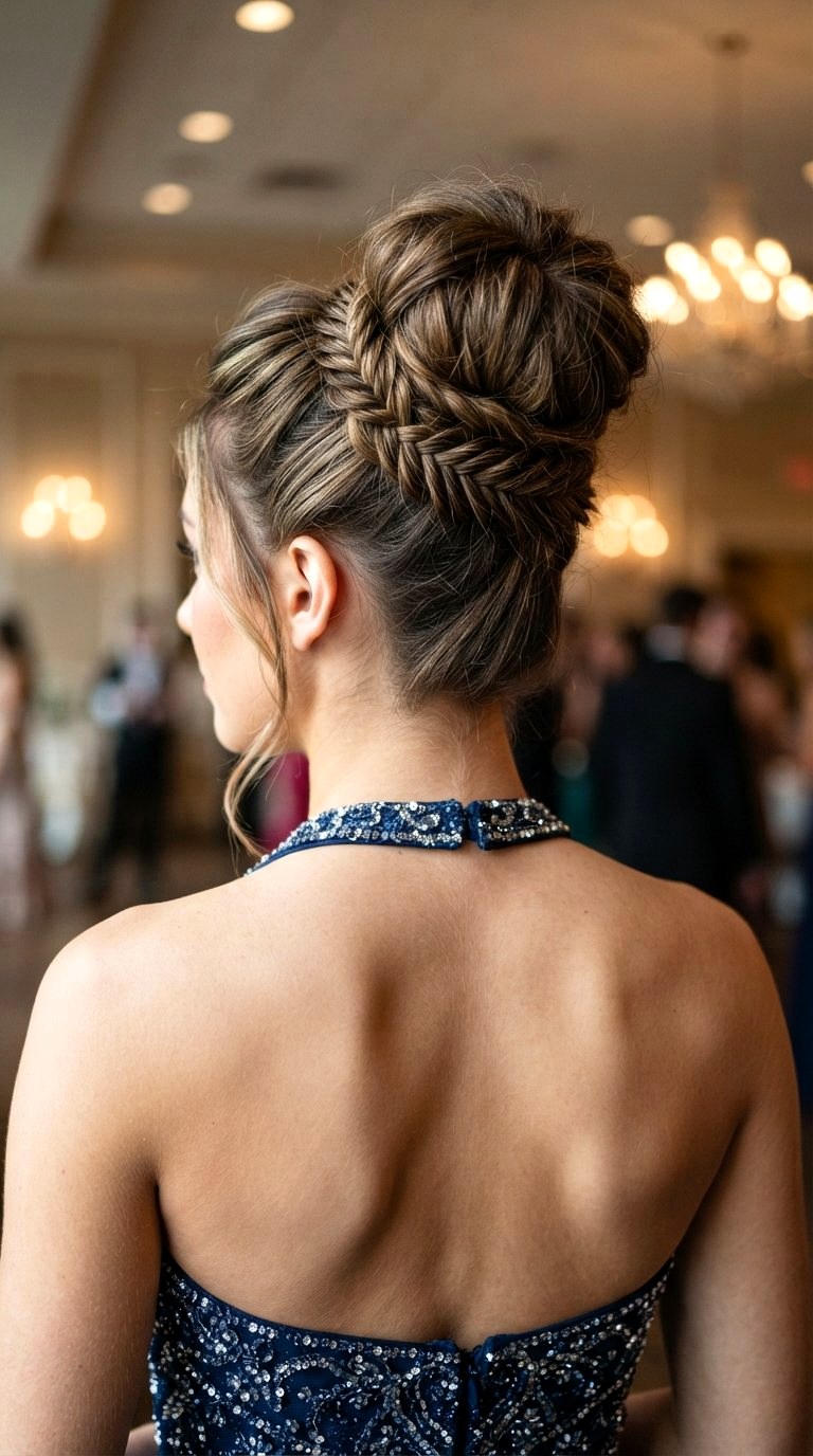 Fishtail Accent Braided Top Knot - 20 prom bun hairstyles ideas