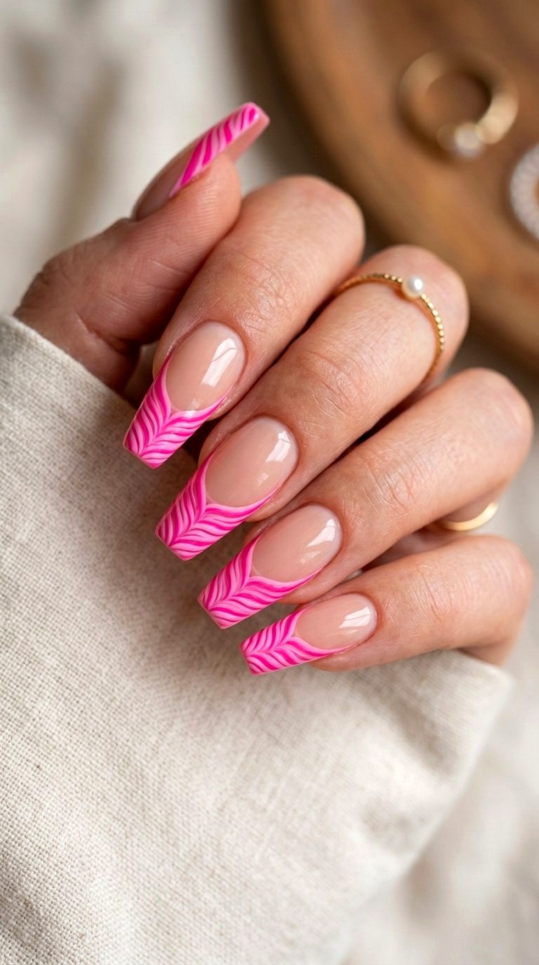 Fishtail Swirl Bright Pink French Tip Nails - 21 bright pink french tip nails