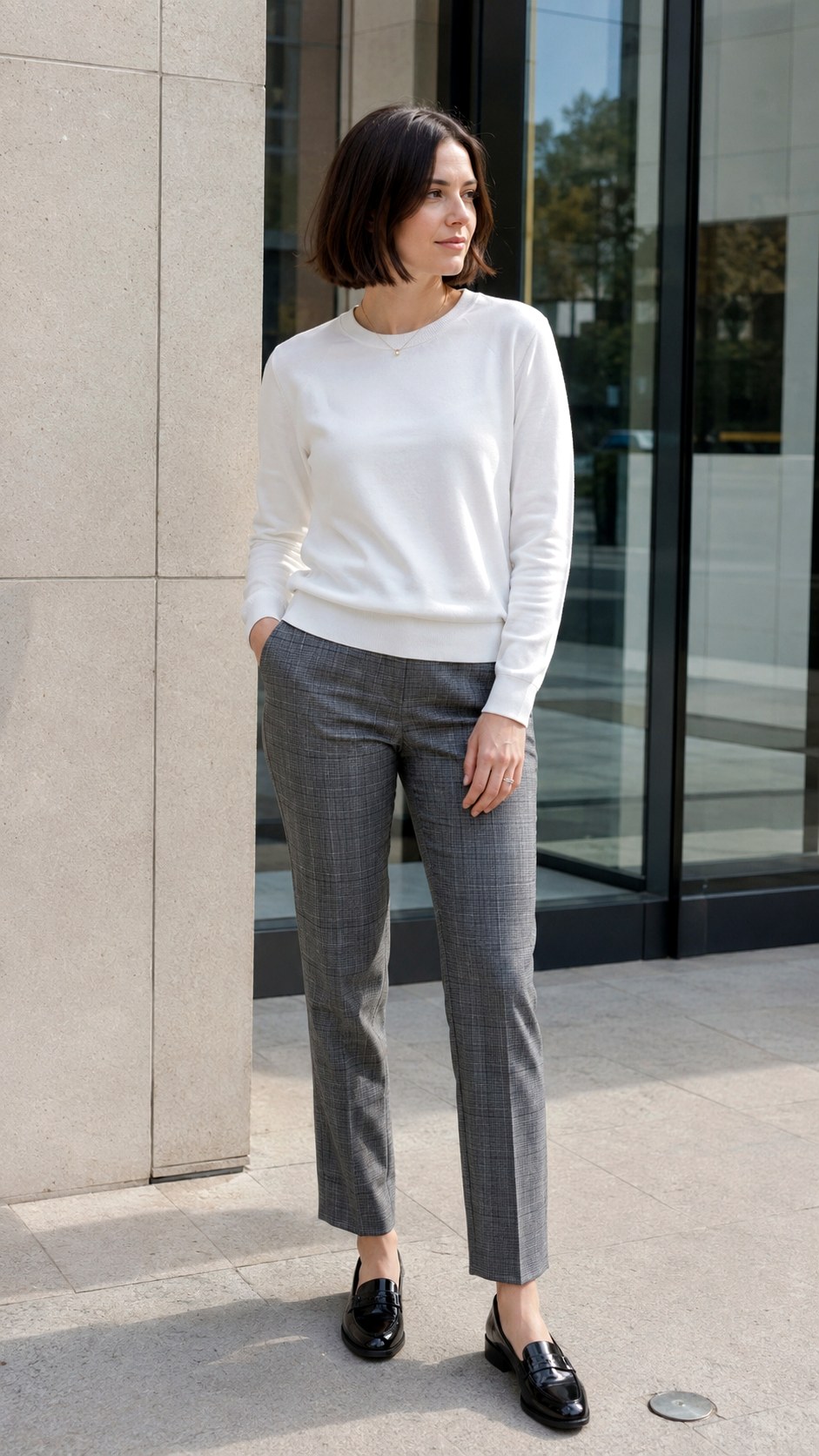 Fitted White Sweatshirt With Plaid Trousers - 20 white sweatshirt outfit ideas