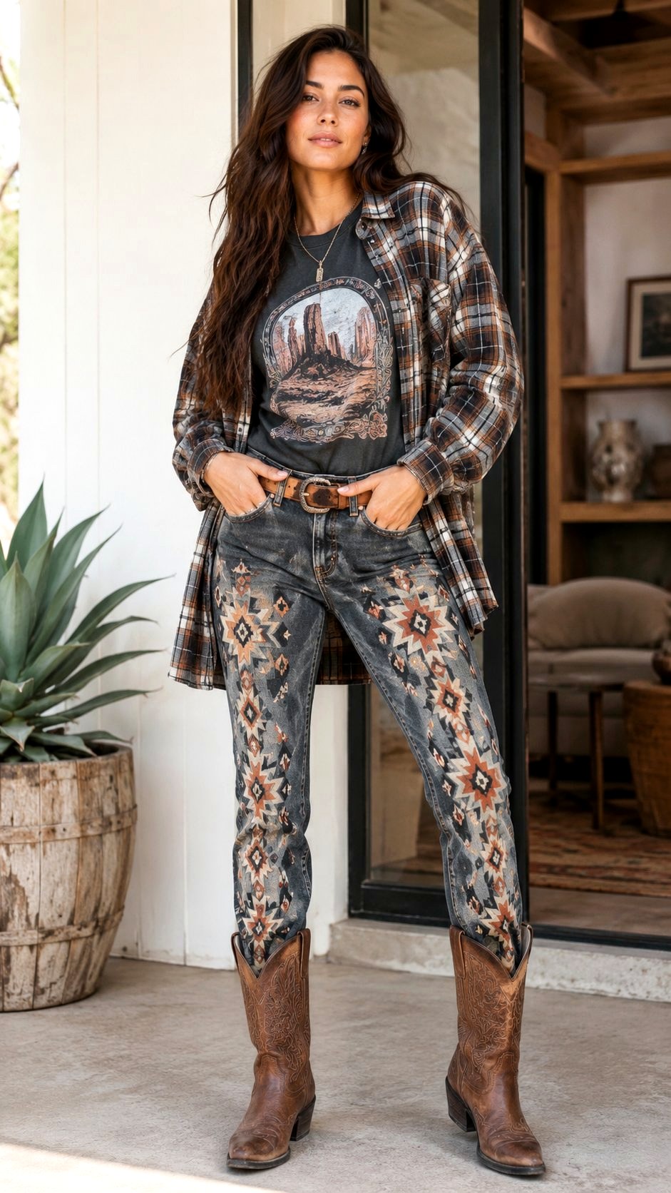 Flannel Shirt and Western Aztec Jeans - 20 printed jeans ideas