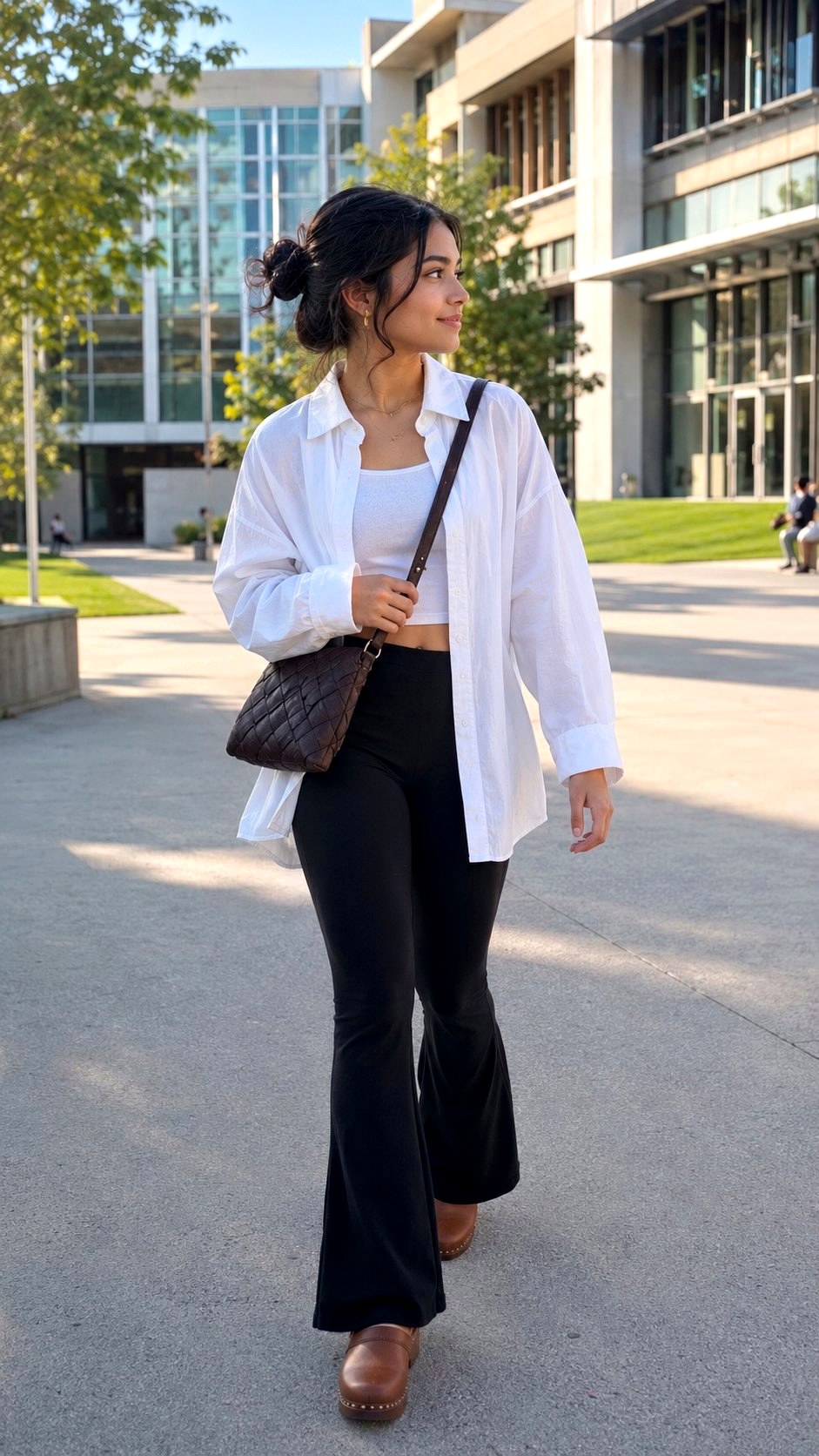Flared Leggings with Oversized Button Down - 21 Back to School  And High School Outfit Ideas