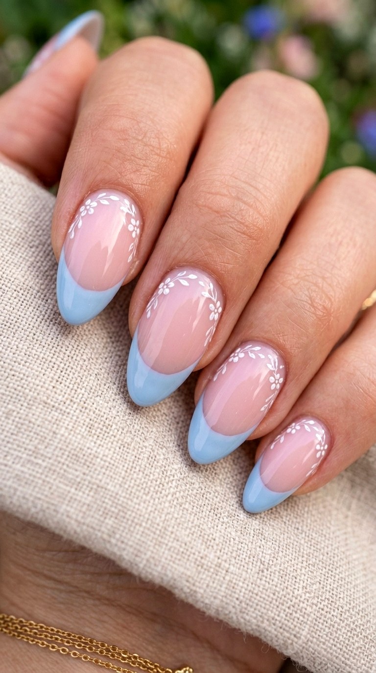 Floral Accent Pink and Blue Nails - 23 pink and blue french tip nails