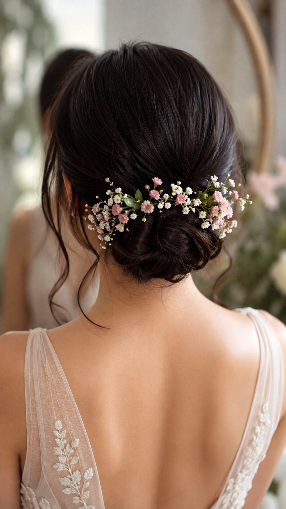 Floral Accented Low Chignon Bun - 23 low bun prom hairstyles ideas