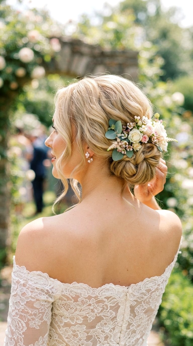 Floral Accented Low Messy Bun - 20 low bun hairstyles ideas