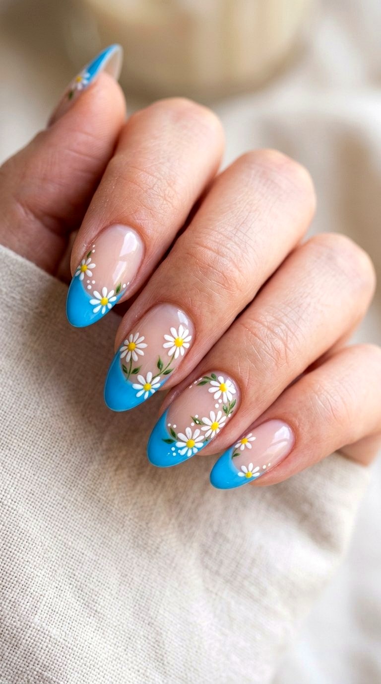 Floral Bright Blue French Tip Nails - 21 bright blue french tip nails
