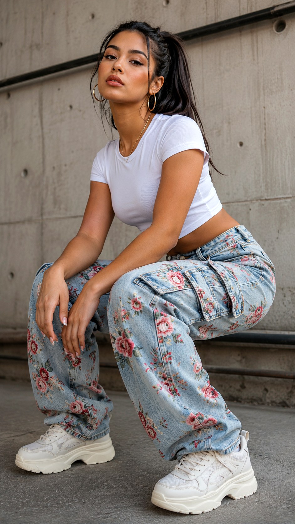 Floral Cargo Denim Jeans - 22 floral jeans outfit ideas
