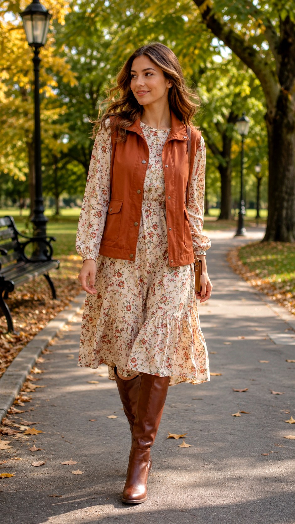 Floral Dresses Paired With Terracotta Vest - 21 Terracotta Vest Outfit Ideas