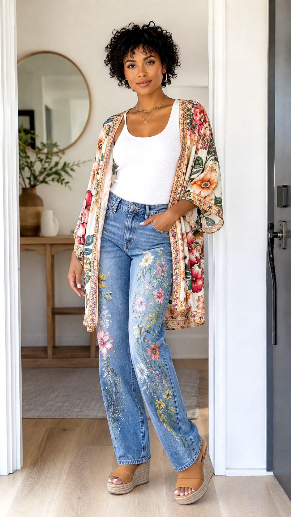Floral Kimono Painted Jeans - 23 senior painted jean outfit ideas