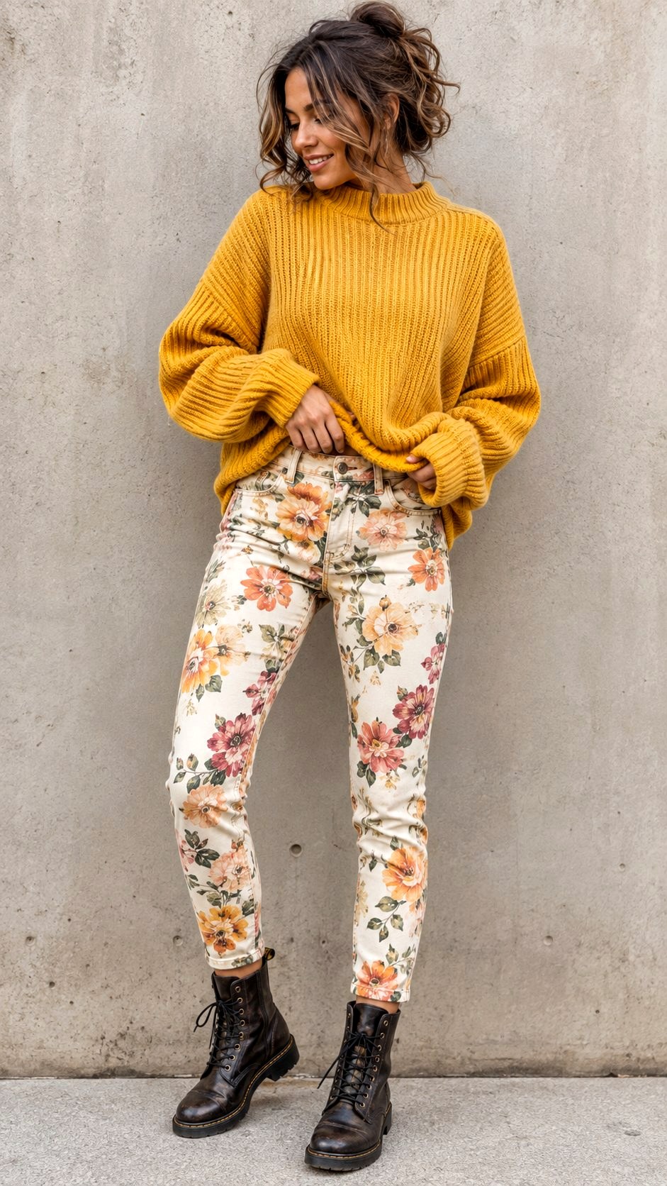 Floral Print Jeans and Chunky Sweater - 21 floral print pants ideas