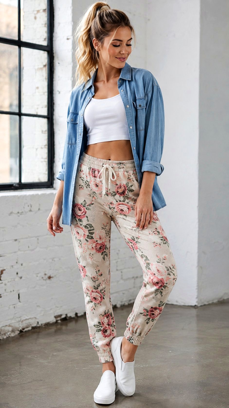 Floral Print Jogger Pants and Denim Shirt - 21 floral print pants ideas