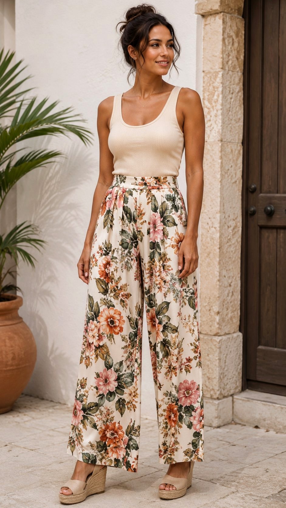 Floral Print Palazzo Pants and Tank Top - 21 floral print pants ideas