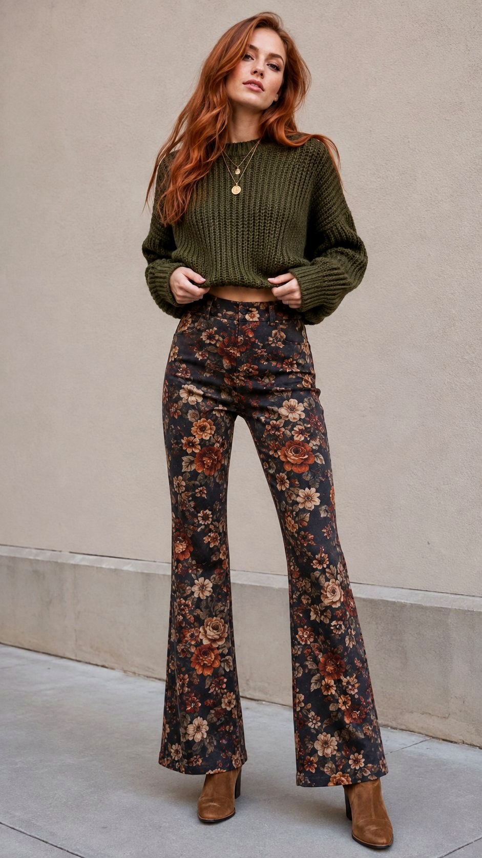 Floral Print Pants with Cropped Sweater - 23 printed pants style ideas