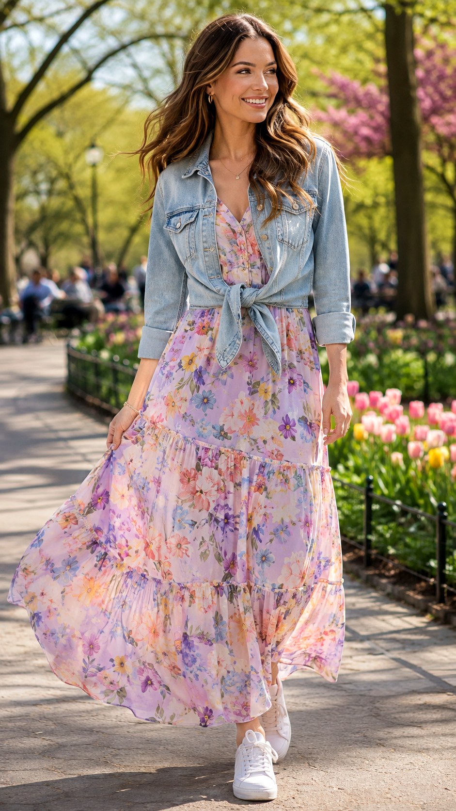 Floral Tiered Dress With Denim Jacket - 25 Summer Maxi Outfit Ideas