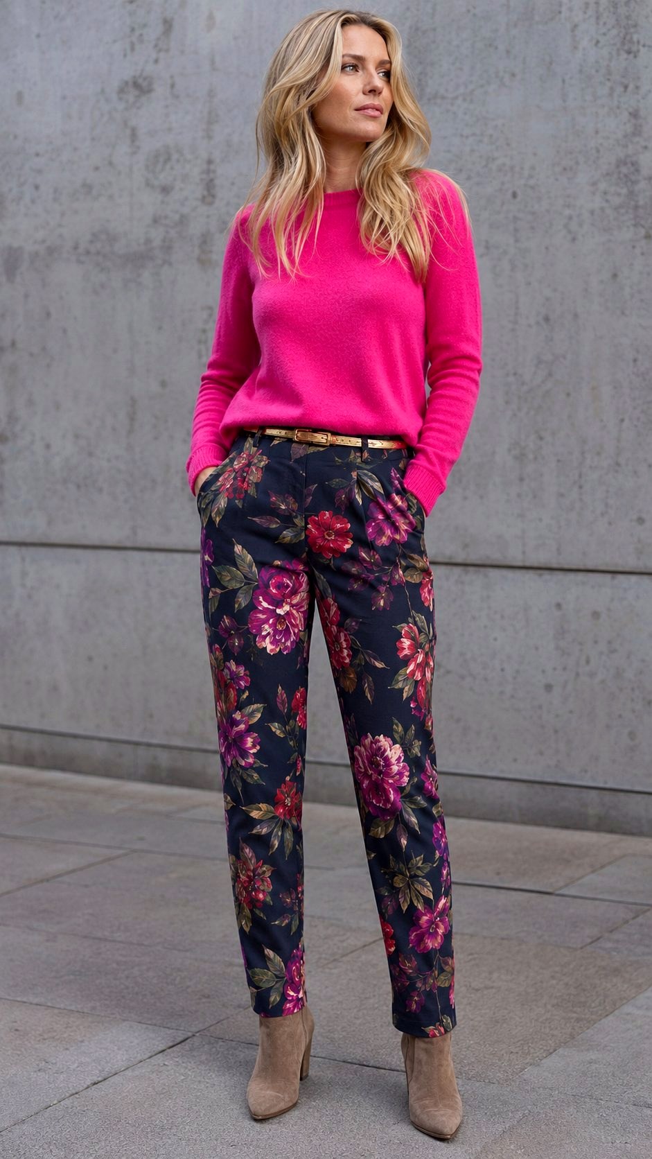 Floral Trousers With Pink Sweater - 23 printed trousers outfit ideas