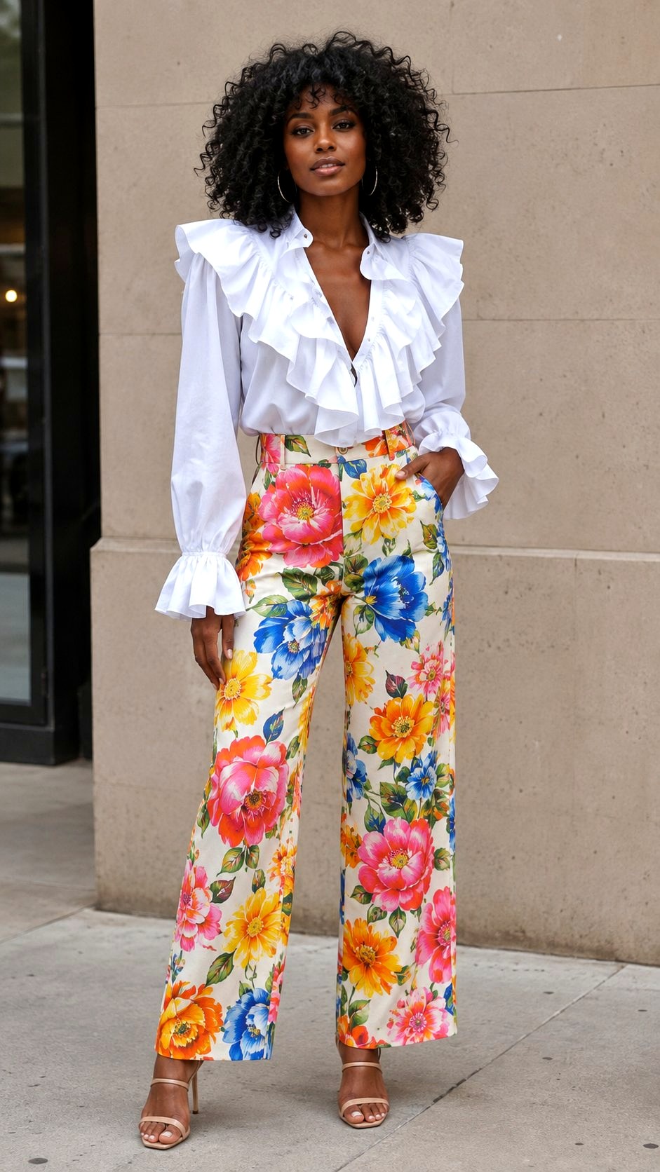 Floral Trousers With Ruffle Blouse - 23 printed trousers outfit ideas