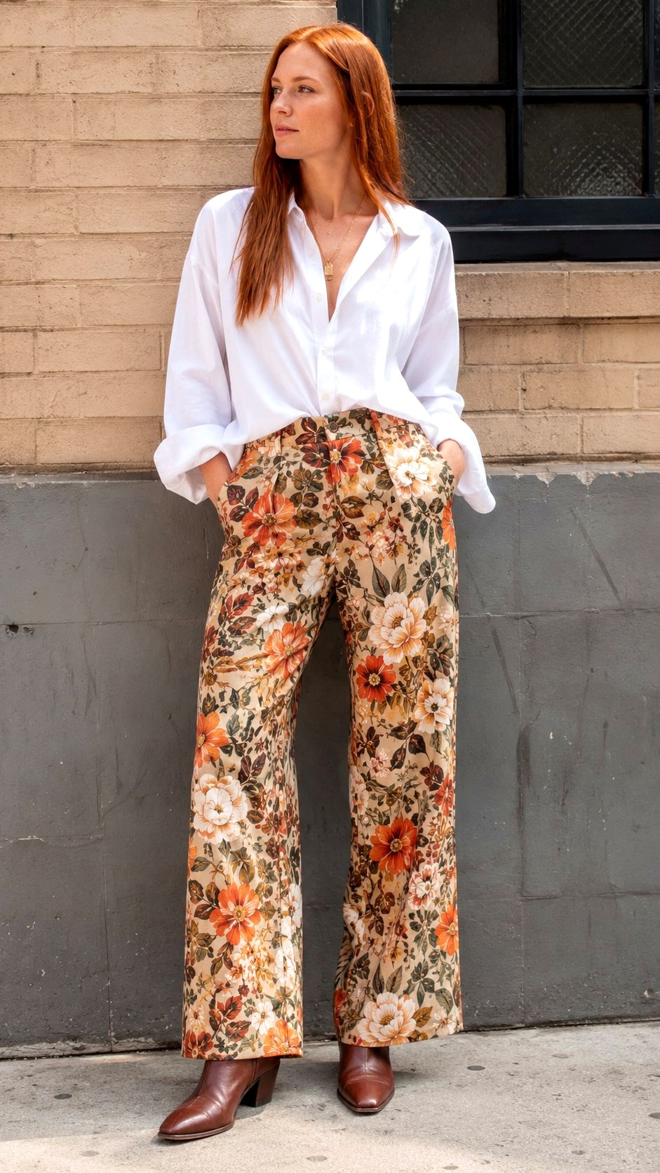 Floral Trousers With White Button Down - 23 printed trousers outfit ideas
