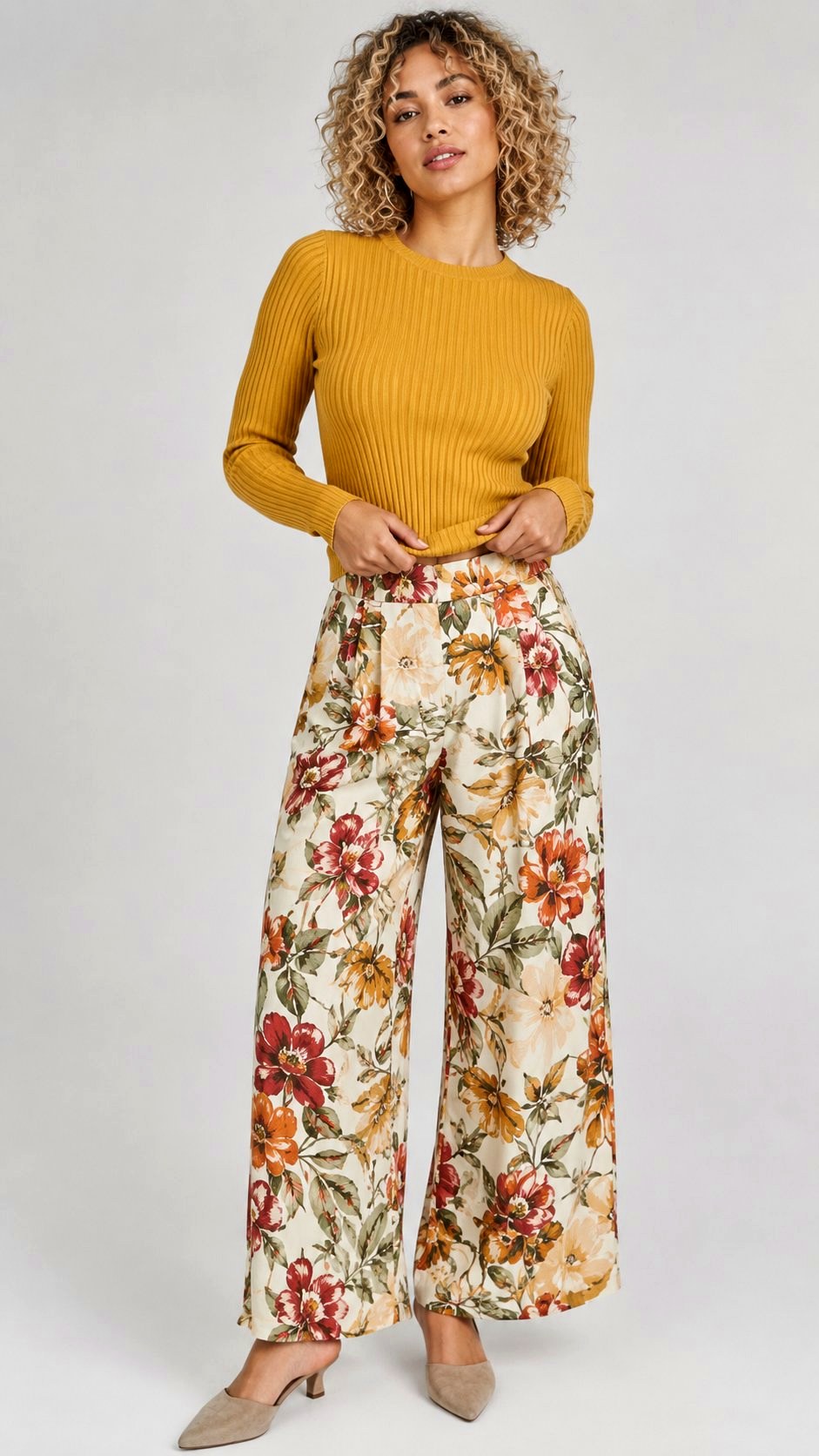 Floral Wide Leg Pants with Knits - 23 printed pants style ideas