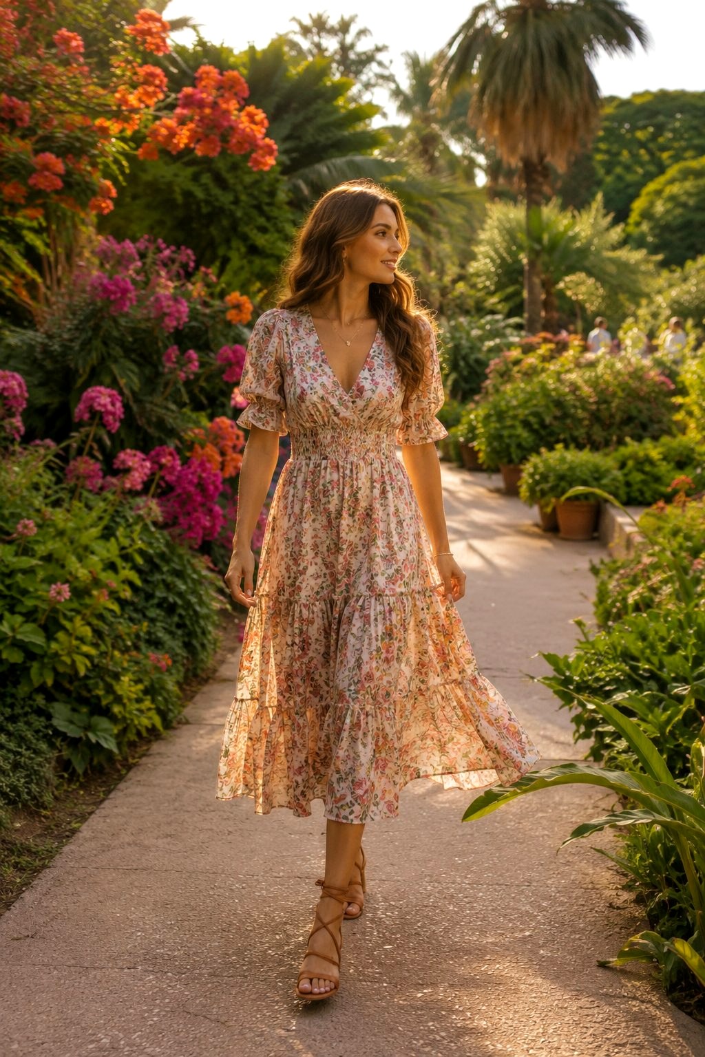 Flowy Floral Midi Dress And Sandals - 21 Cute Vacation Outfit Ideas