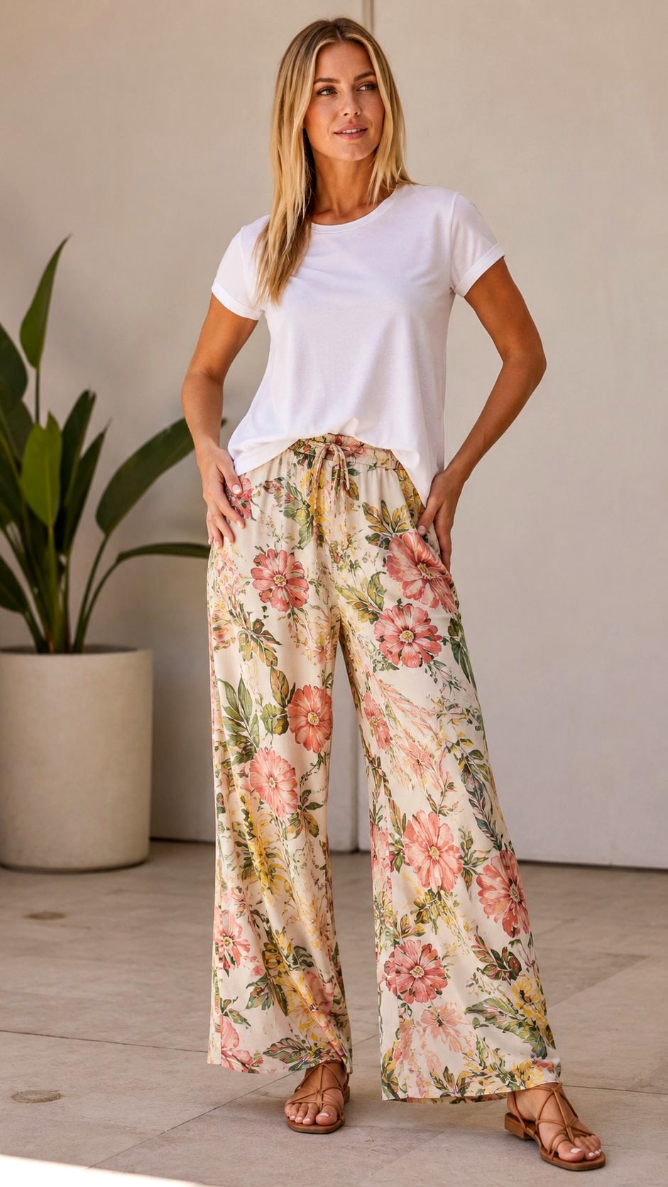 Flowy Floral Print Pants With White Tee - 21 floral print pants ideas
