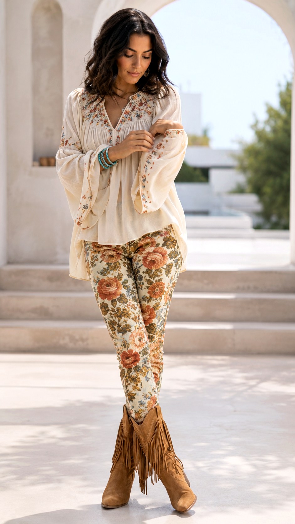 Flowy Peasant Top and Floral Denim - 21 flower jeans outifit ideas