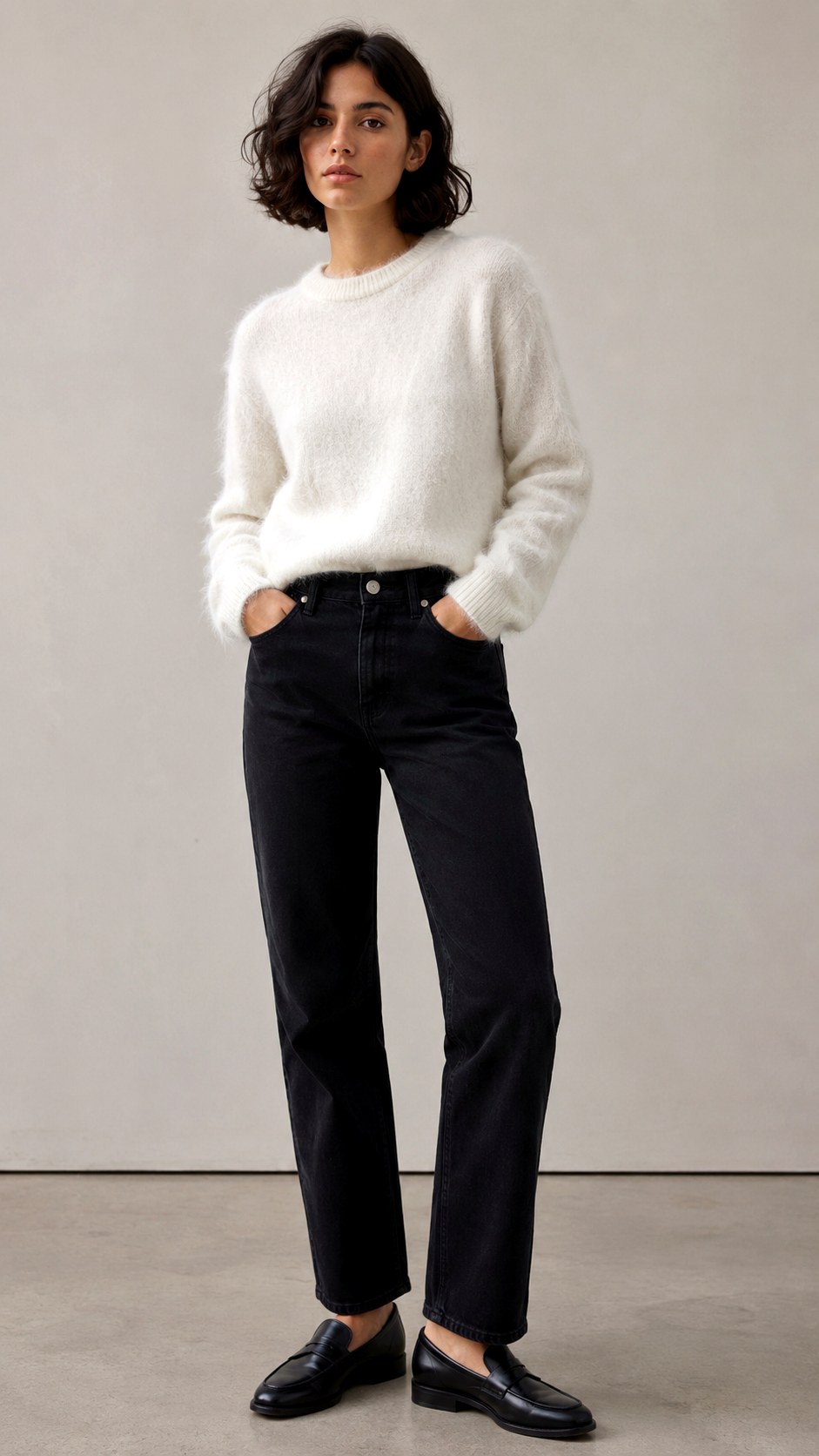Fuzzy Texture Sweater and Black Jeans - 21 sweater and jean outfit ideas