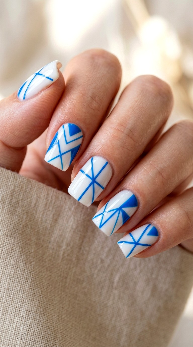 Geometric Lines Bright Blue Nails - 22 bright blue nails